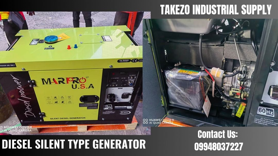 Diesel Silent Type Generator (Category: Construction Tools & Equipment) located in Manila. Submitted by angiedalu10338 (Listing ID 1249867458, Image 1). Description: Diesel Silent Type Generator 10kva Model: MPD10000E Frequency: 60Hz Speed: 3600 r/min Voltage: 220V Current: 55/27A Rated output: 9.5kva Max. output: 10kva DC output: 12V/8.3A Power factor: 1.0 Phase No. 1 Noise leverl at 7m: 78-83 Excitation mode: Brush AVR Engine No. 196FA Displace