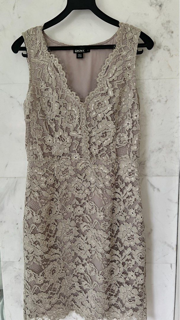 DKNY grey Lace short evening dress, Women's Fashion, Dresses & Sets,  Evening dresses & gowns on Carousell
