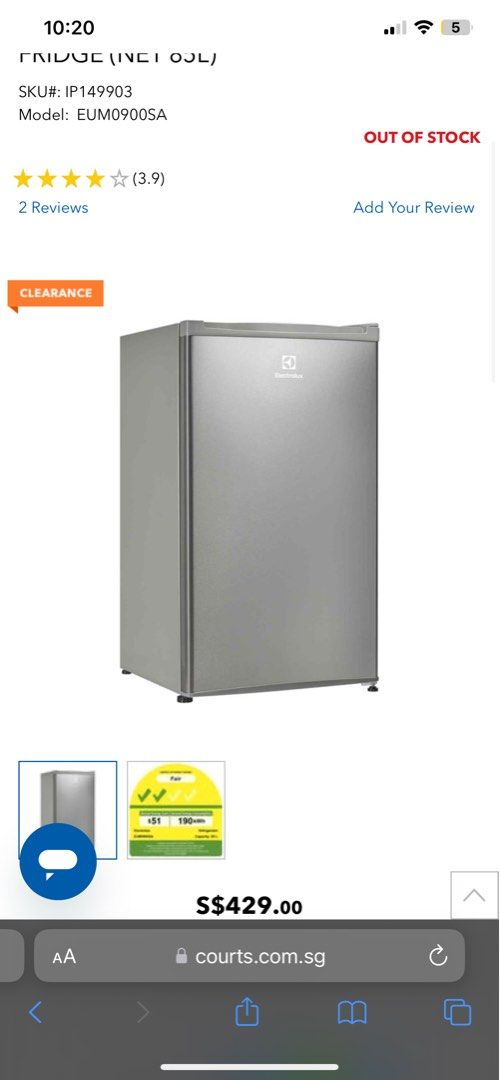 ELECTROLUX EUM0900SA MINI BAR FRIDGE 85L) brand new price nego, TV