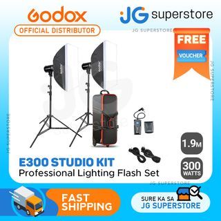 Godox E300 Kit Studio Photography Strobe Set with 300W Flash Heads, Light Stands, 60x60 cm Softbox, Wireless Trigger, Carry Bag with Wheels | JG Superstore