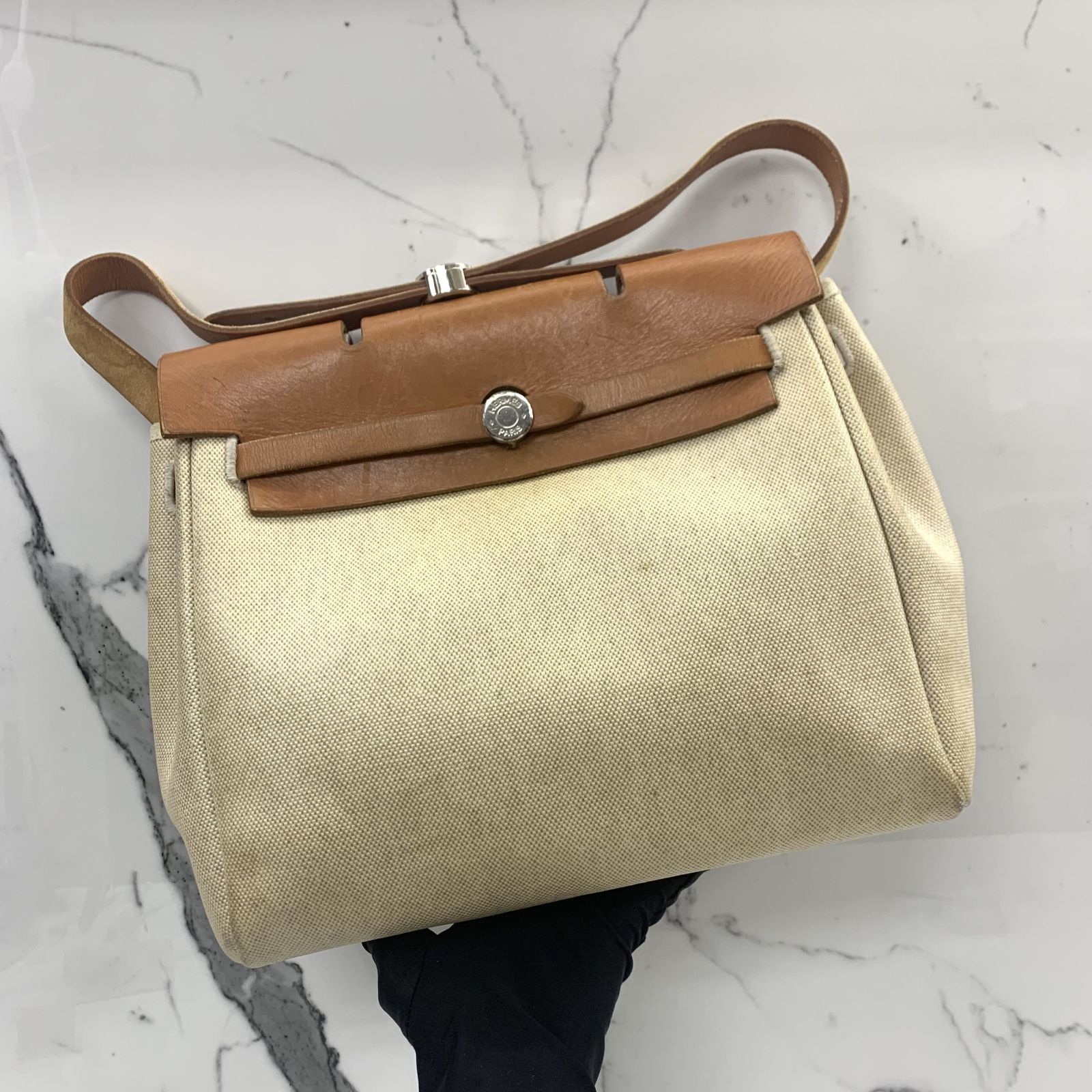 HERMES Herbag 39 in Beige/Tan Canvas Silver Hardware, Luxury, Bags &  Wallets on Carousell