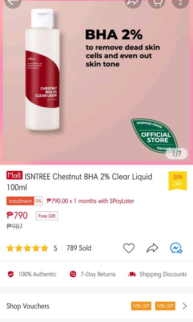 Isntree Skincare Bundle (Category: Face Care) located in San Juan City. Submitted by _allykim (Listing ID 1244881181, Image 3). Description: KOREAN SKINCARE BUNDLE for those wanting to try the items before buying full sized products: TAKE BOTH FOR 850 >>Isntree Chestnut BHA 2% 100ml (90% full) - perfect dupe for Paula's Choice BHA; retails for 790 on Isntree official store >>Isntree Clear Skin 8% AHA Essence 20ml (80% full).