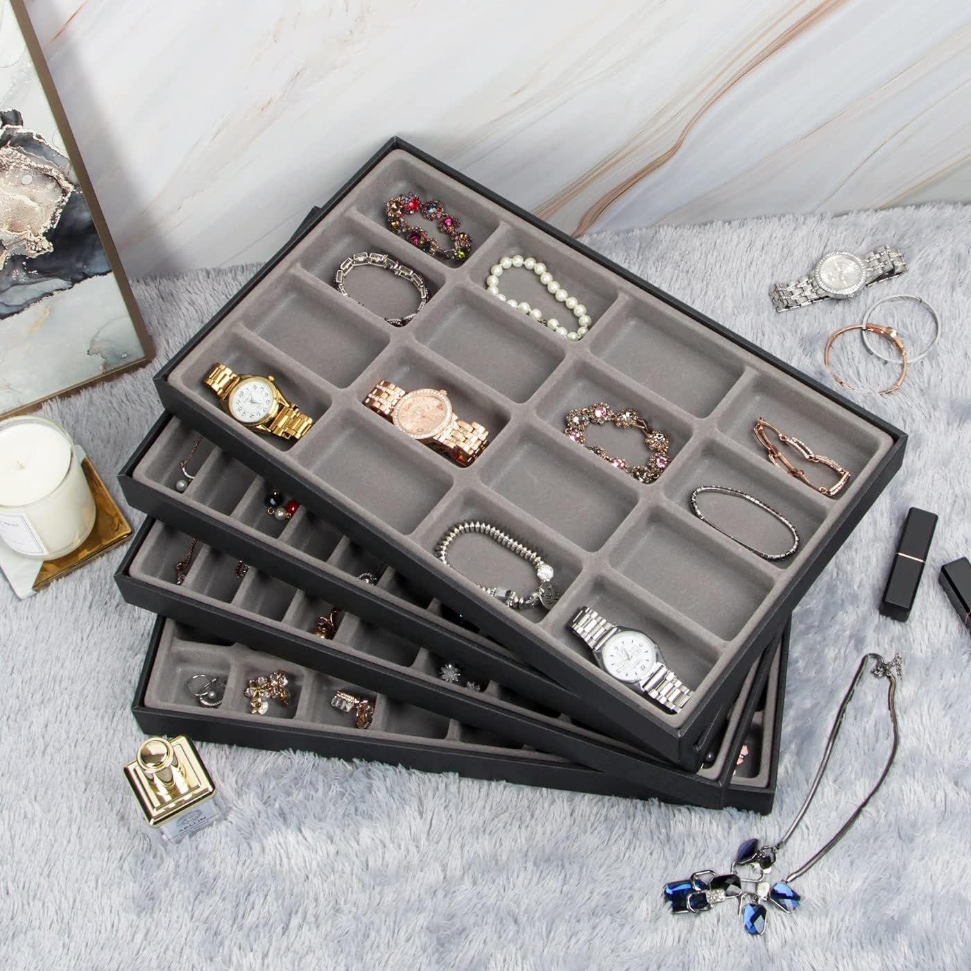 JackCubeDesign 11 Copartents Stackable Leather Jewelry Tray Earring