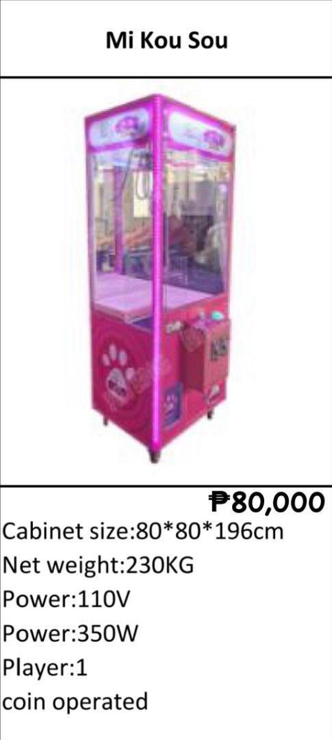 MI KOU SOU CLAW MACHINE (PREORDER) (Category: Designer & Blind Box Toys) located in San Pablo. Submitted by wrbreyestrading (Listing ID 1249863480, Image 1). Description: NOTE: ⦁ AVAILABLE ON PRE-ORDER BASIS ⦁ MINIMUM OF PHP 5,000 DOWN PAYMENT/RESERVATION ⦁ ETA: 45-60 DAYS UPON RESERVATIONS For inquiries, message me directly. We accept Credit and Debit cards. VISIT OUR STORES NEAR YOU! SAN PABLO LAGUNA BRANCH 📍 584 Mariflor Subdivision, (Left Si