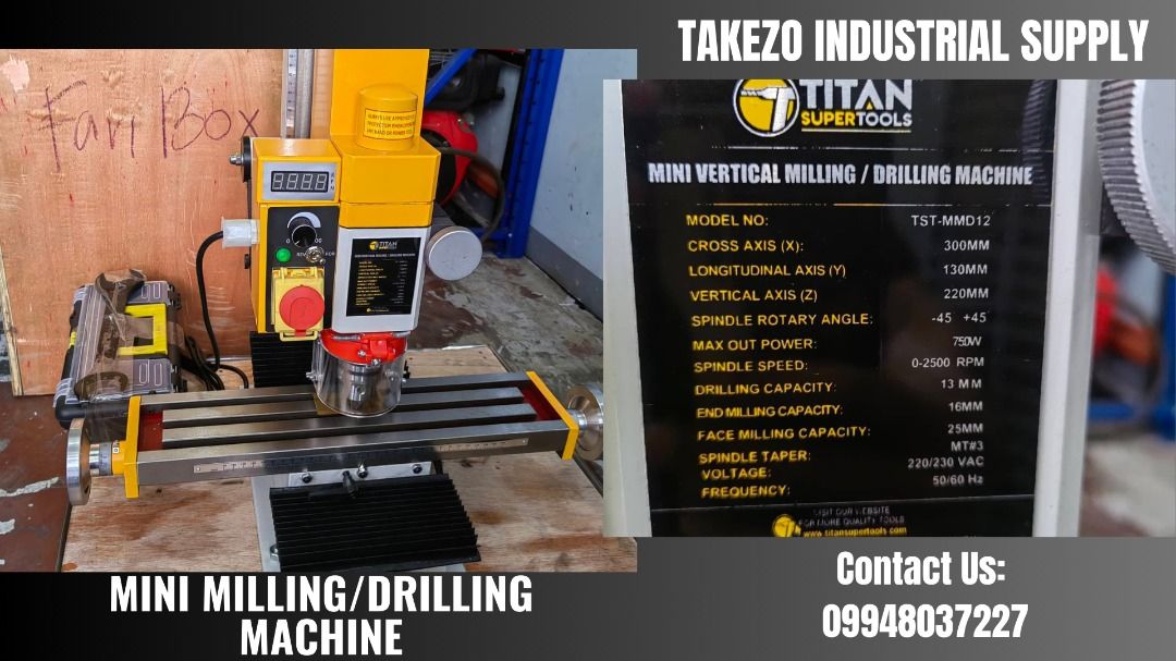 Mini Milling/Drilling Machine (Category: Construction Tools & Equipment) located in Manila. Submitted by angiedalu10338 (Listing ID 1249857754, Image 1). Description: Mini Milling/Drilling Machine Max Drilling Cap: 13mm Max Face Mill Cap: 16mm Max End Mill Cap: 30mm Net Weight: 65kg Brand: Titan Price: 65,000/unit For faster transaction call txt or viber 09948037227 Look for Shane *PRICE MAY CHANGE WITHOUT PRIOR NOTICE *ITEM IS VAT EXCLUSIVE *SUB