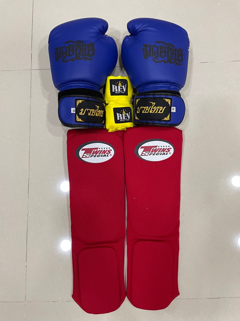 Muay thai boxing gloves, hand wrap and shinguard, Sports Equipment