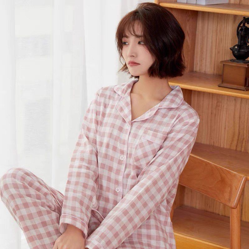 Muji style checkered pyjamas set Women s Fashion Dresses Sets
