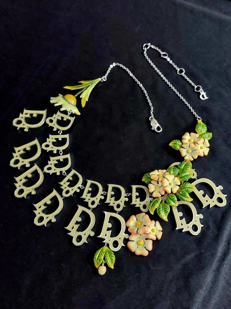Vintage CHRISTIAN DIOR by GALLIANO Monogram Charm Flower Enamel Necklace