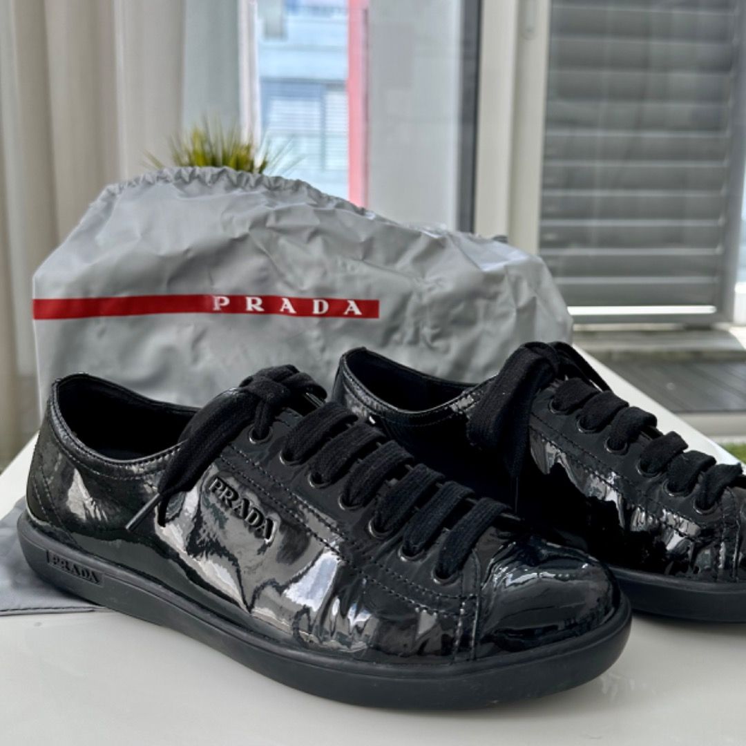 Womens black 2024 patent prada trainers