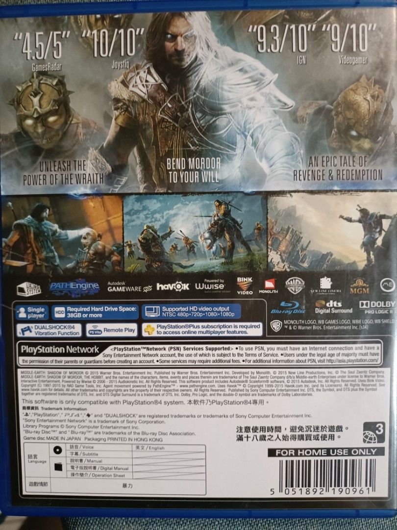 PS4 Shadow of Mordor Middle Earth Video Gaming Video Games