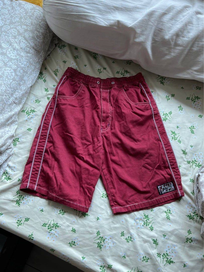red denim jorts long shorts bermudas