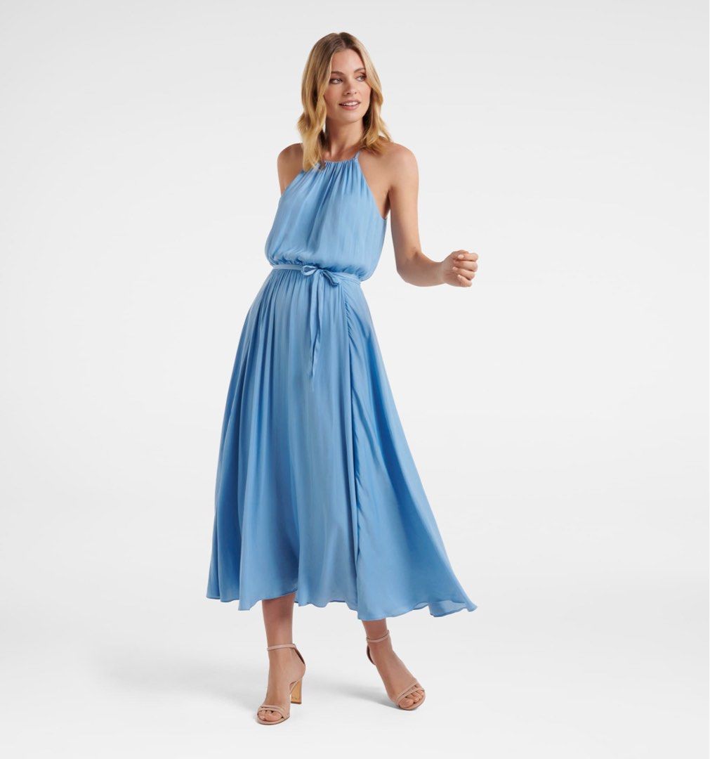 RRP 180 Forever New Blue dress petite Evelyn maxi halter neck