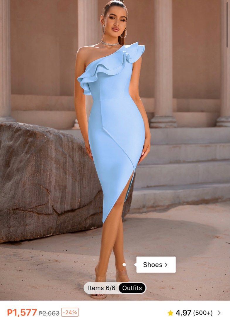 shein elegant one shoulder blue party dress (brand new) thick fabric,  Women's Fashion, Dresses & Sets, Dresses on Carousell