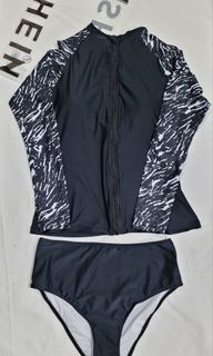 Shein Marble Print Raglan Sleeve Bikini Swimsuit two piece 2 pc black zipper rash guard paddings longsleeve high waist