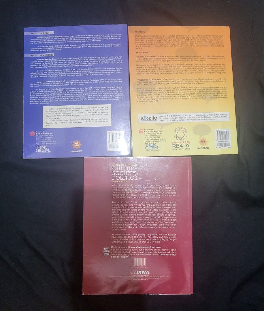 SHS 11 HUMMS TEXTBOOKS (Category: Textbooks) located in Pasig City. Submitted by beauty_project (Listing ID 1249846145, Image 2). Description: For Shs/grade 11 humms books, good as new no writings or highlights,with plastic cover already... ₽230ea RFS: wrong books ---------------------------‐ - INTRODUCTION TO WORLD RELIGIONS for SHS ( Victoria Corral & Genevieve Balance-Kupang)... - ORAL COMMUNICATION IN CONTEXT for SHS *REVISED EDITION* (Philip
