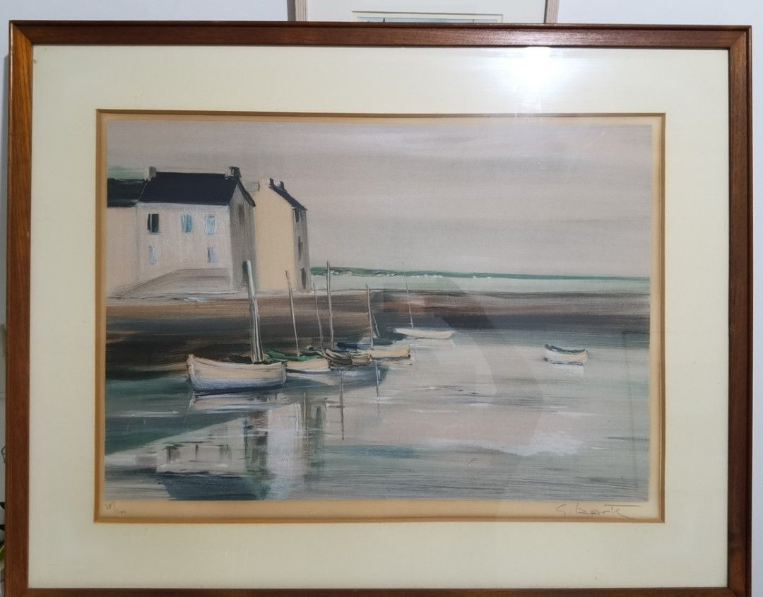 版画 GEORGES LAPORTE lithograph Lot - Georges Laporte Large Framed Seaside Lithograph