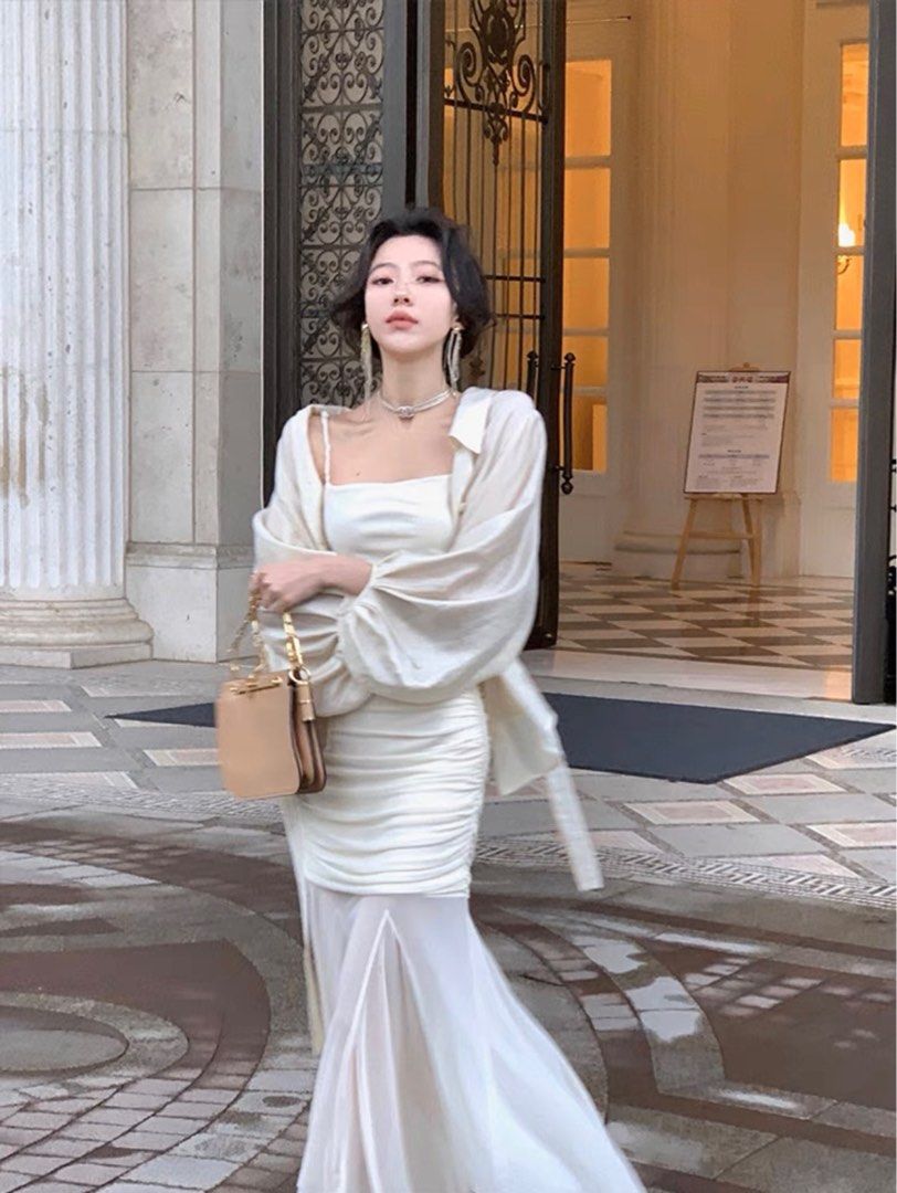 White Beige Dress flare mermaid lace net Women s Fashion Dresses