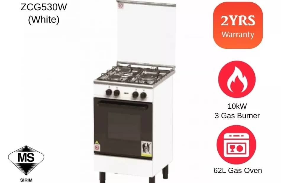 Zanussi 3 Gas Burner Freestanding Gas Cooker with 62L Gas Oven Cooker (Category: Cookware & Accessories) located in Pasir Puteh. Submitted by megat_82 (Listing ID 1249940621, Image 1). Description: Zanussi 3 Gas Burner Freestanding Gas Cooker with 62L Gas Oven Cooker | ZCG530W (Dapur Gas,Ketuhar Gas) FEATURES ・3 Gas Burner ・62L Gas Oven ・One Step Piezo Ignition ・Matte Enamel Finished Pan Support ・Blue Flame Technology ・Tempered Glass Lid ・Double-