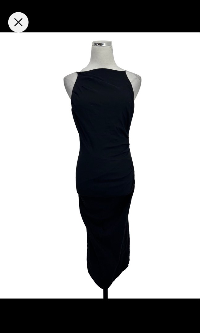 Delina High Neck Ruched Midi Dress - Black