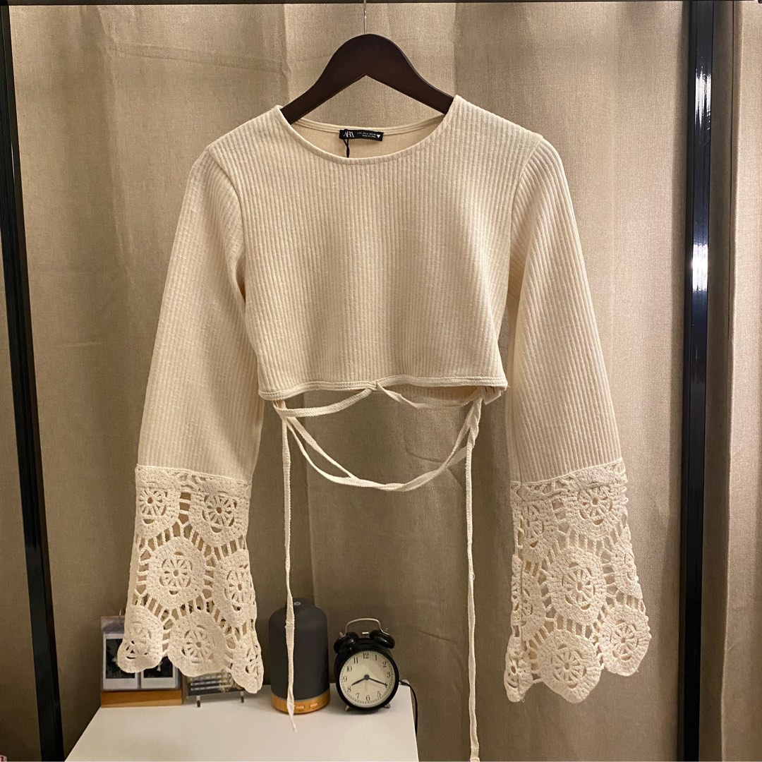 Zara crochet knit crop top tied in ecru white on Carousell