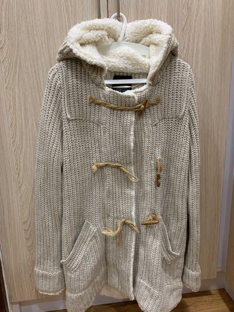 Zara Neutral Chunky Knit Hoodie with Sherpa Lining Women s Fashion Coats Jackets and Outerwear on Carousell