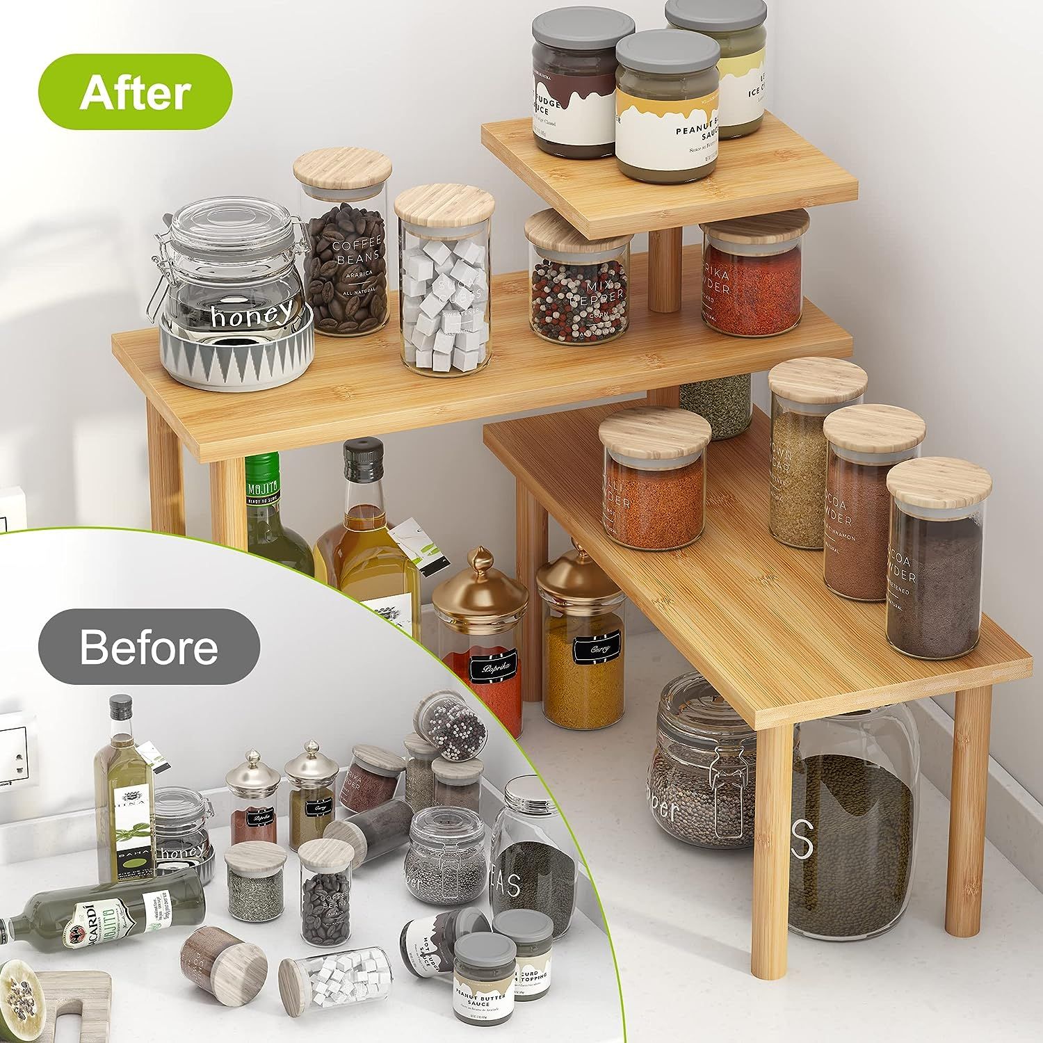 BMOSU Kitchen Corner Shelf Countertop Organizer Adjustable Spice Rack Corner Display Rack Shelf Cabinet Corner Rack 3 Tier Storage Organization Bamboo for Kitchen Bathroom Office Counter Shelves Natur...