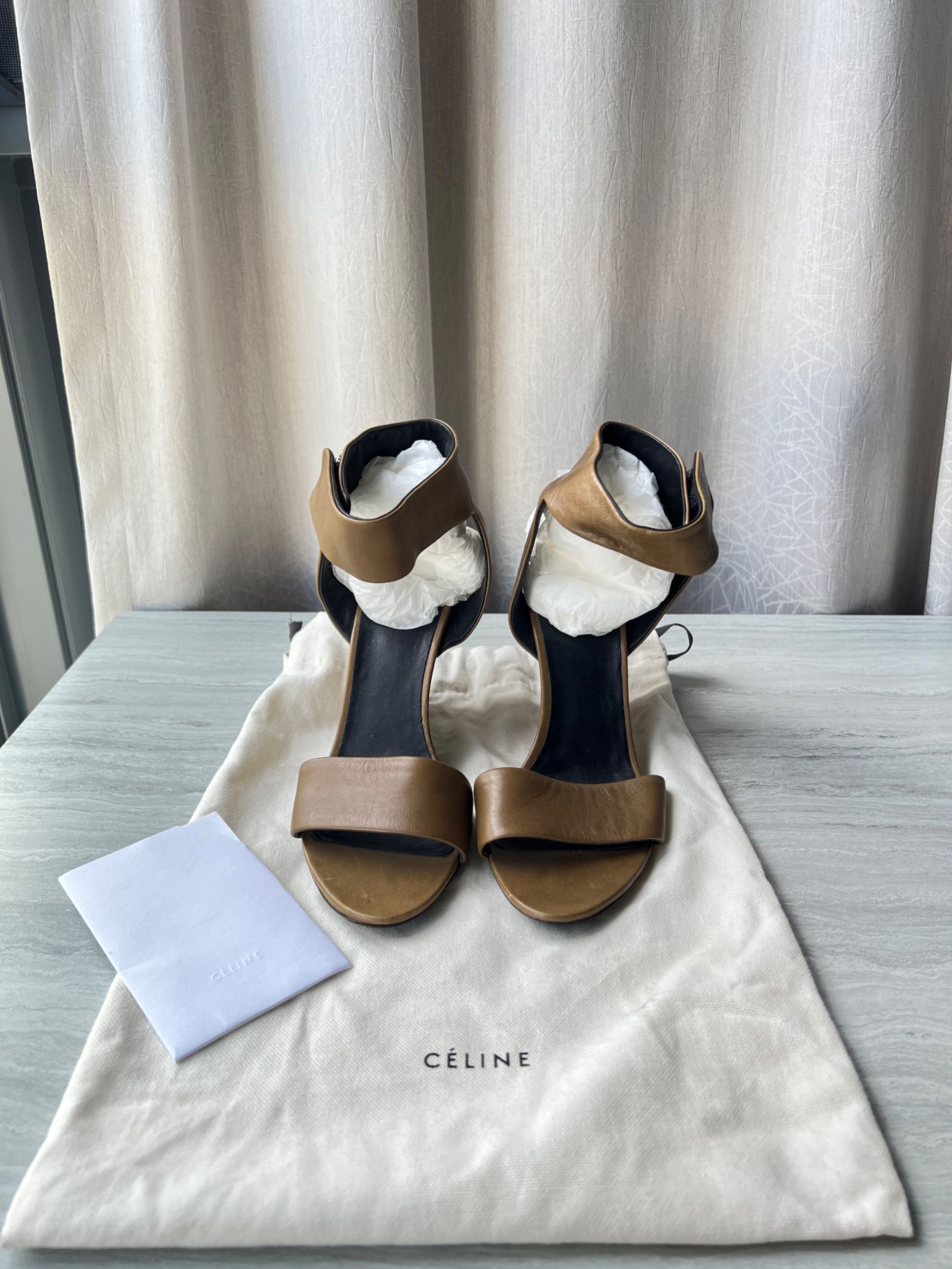 Celine Olive Green Leather Ankle Strappy Wedge Heels