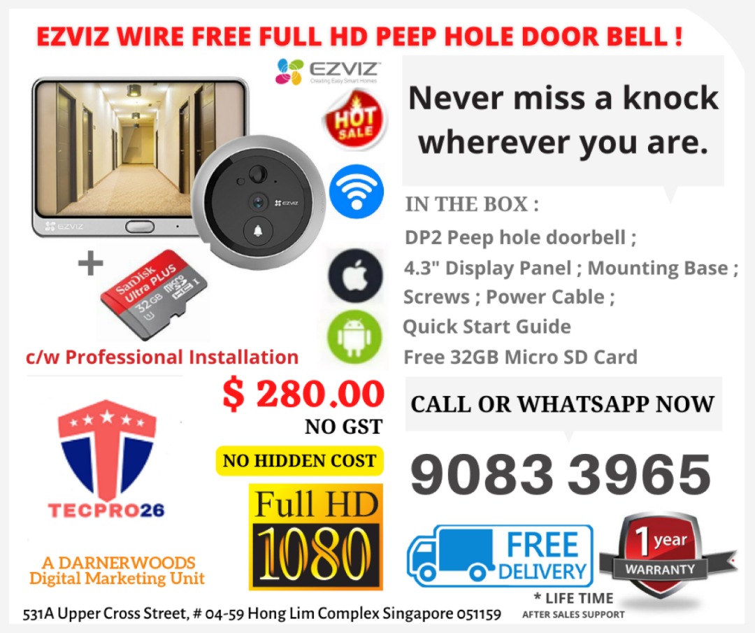 EZVIZ DP2C WIRE FREE FULL HD DIGITAL DOOR VIEWER WITH DOORBELL ...