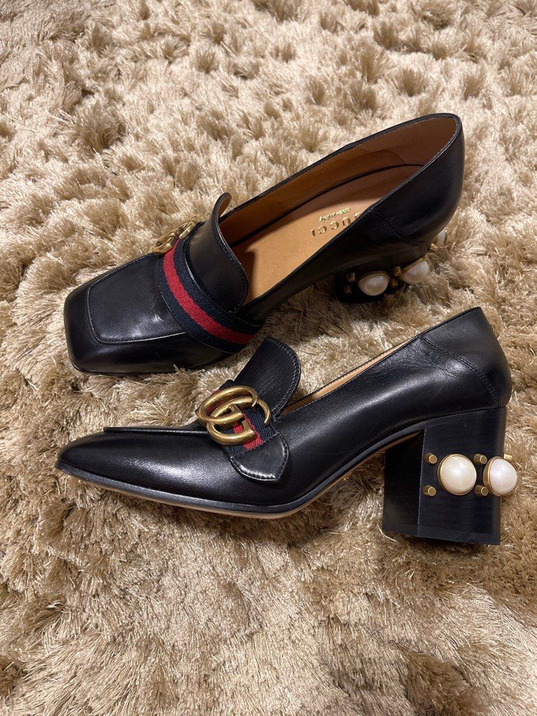 Gucci Black Leather Web GG Marmont Loafer Pumps Size 37 Luxury
