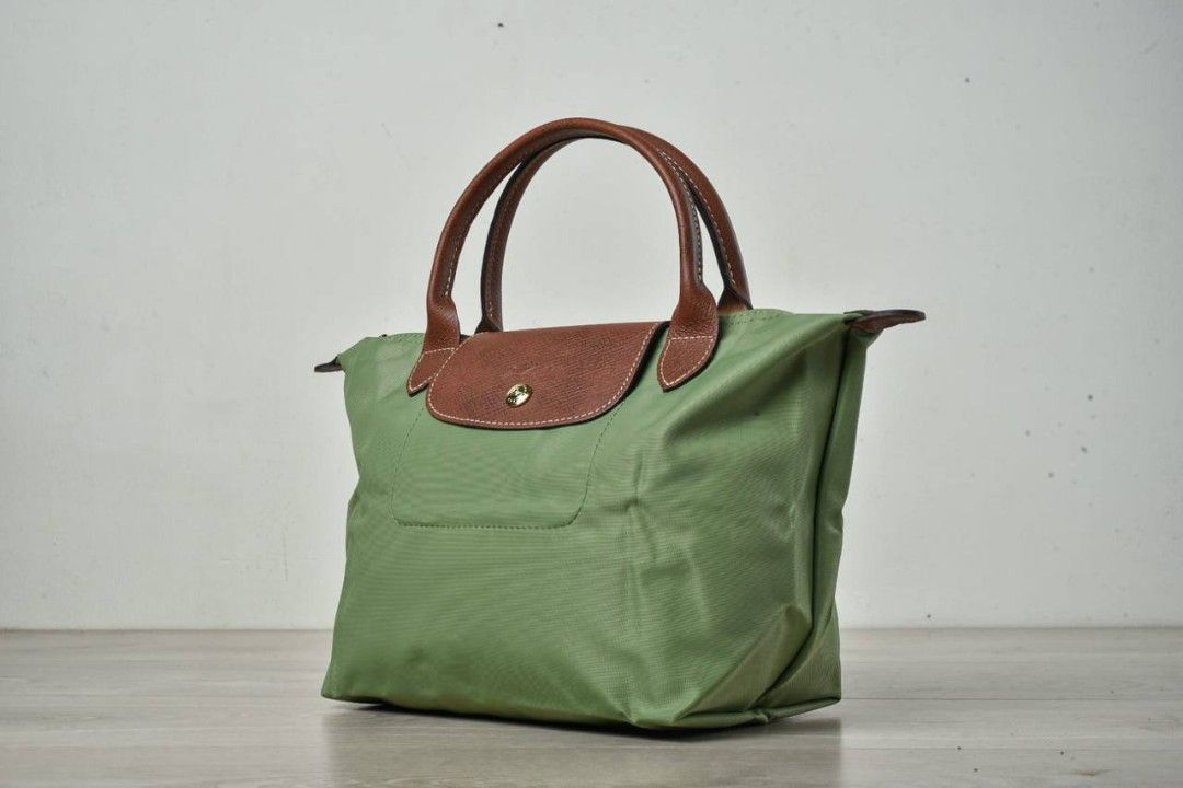 LONGCHAMP Mini Le Pliage Cuir Leather Top Handle Bag Lichen NWT Olive Green