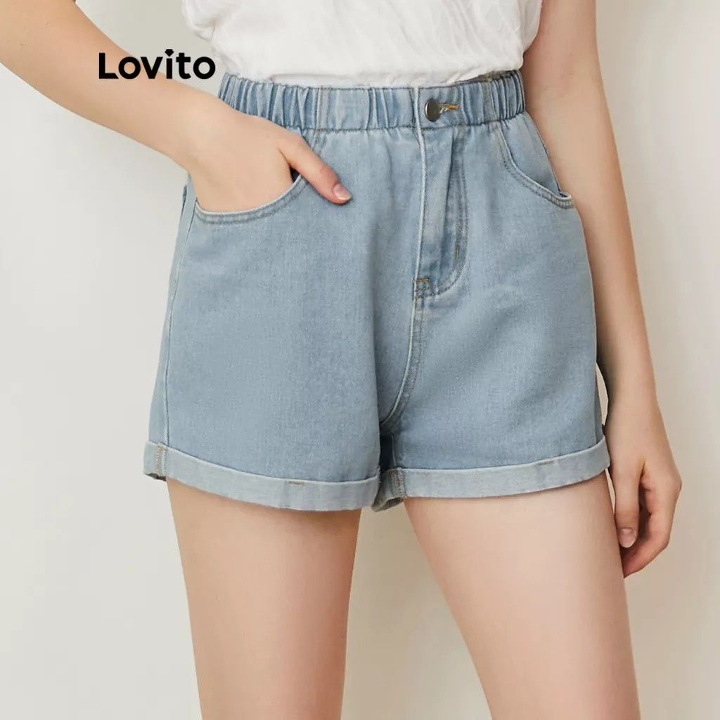 L SIZE Lovito Casual Plain Elastic Waist Side Pocket High Waist