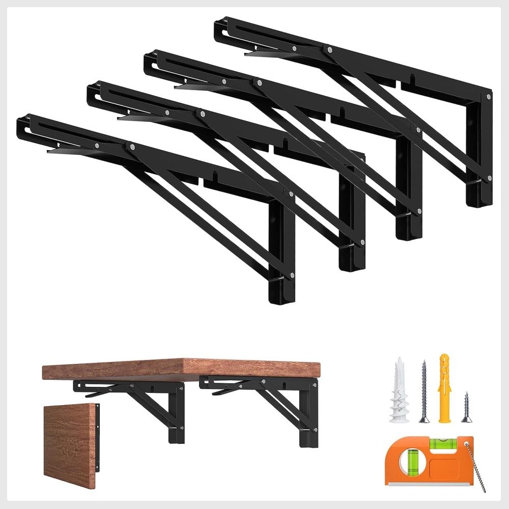 4 Pack Folding Shelf Brackets – 12 Inch Heavy Duty Wall Mount, Triangle Space-Saving Hinge For Workbench, Countertop, Black