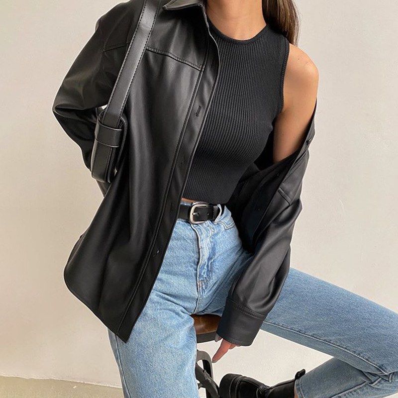 Adriana Lima Black Leather Jacket-gemektower.com.vn