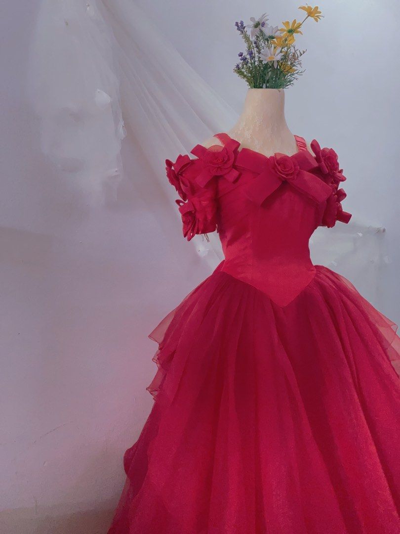 Vintage Ruffled Tulle Princess Ball Gown Strapless Red Quince Dress 67 –  Viniodress