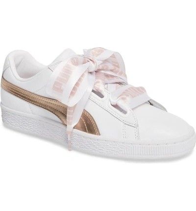 PUMA Basket Heart Sneaker in White Rose Gold Leather