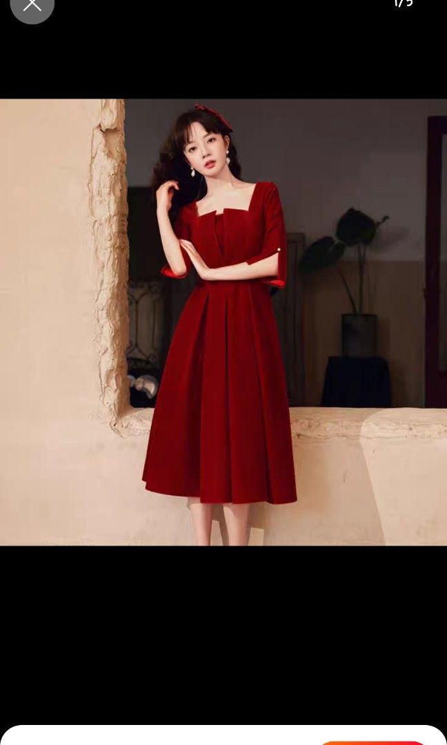 Red square collar mid length dress Women s Fashion Dresses