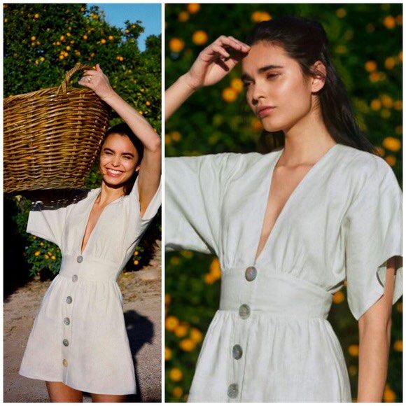 Reformation Ty linen dress with kimono sleeves in oatmeal
