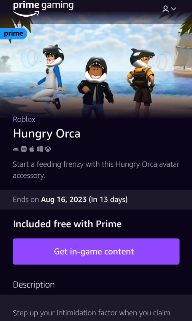 How to claim the Hungry Orca accessory from Roblox Prime Gaming rewards