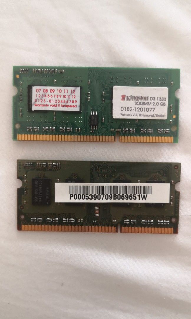 2 pcs DDR3 RAM Laptop 2Gb (each stick) (Category: Computer Parts) located in Quezon City. Submitted by jayjayrcy (Listing ID 1246604343, Image 2). Description: Brand: Kingston and Samsung Type: DDR 3 RAM modules for laptop Capacity: 2Gb each stick Price: 300 Php for both sticks Last price Refer to pics for details No hidden defects. RFS: Decluttering.