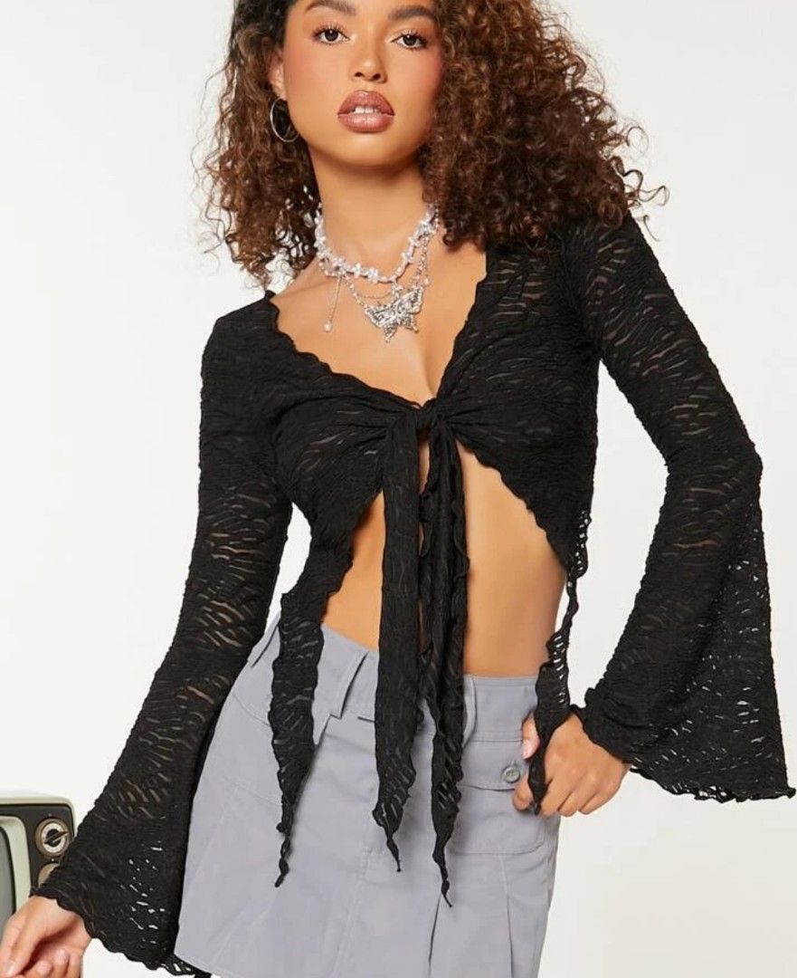 SHEIN WYWH Sheer Tie Front Crop Lace Top