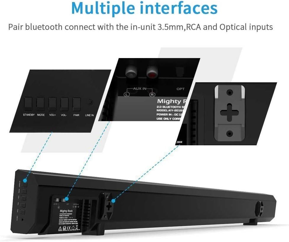 Sound Bar Mighty Rock TV Sound Bars 43.3 Inch 72 Watt Powerful Strong Bass Wired and Wireless Bluetooth Audio Home Theater Speakers Surround Soundbars