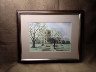 Watercolor Painting by CH  Sands c1994 Church with Cemetery 15.5"x12"