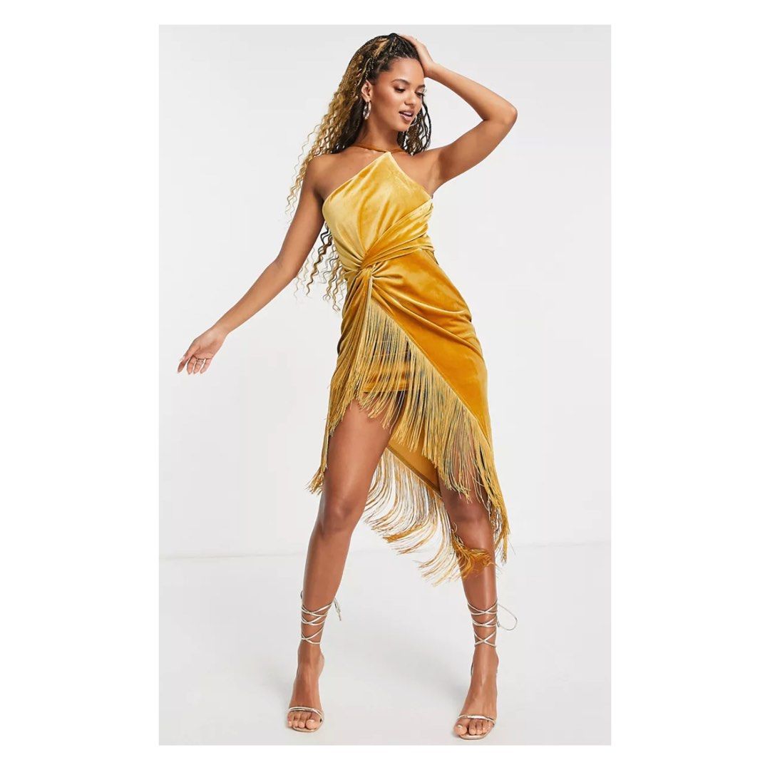 Yellow Fringe Evening Dress Women s Fashion Dresses Sets Evening dresses gowns on Carousell
