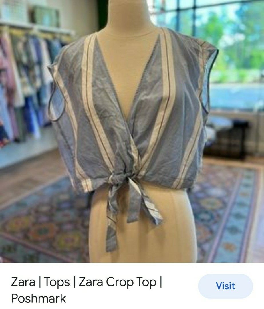 ZARA Light Blue Cropped Striped Sleeveless Top (Category: Sleeveless) located in Manila. Submitted by ar14na (Listing ID 1246714546, Image 3). Description: MOP: Gcash payment MOD: J&T or SCO! (shoppi chick out) Pretty paired with tube dresses under, however I'm selling this for cheap because of the visible bleach stains :< - Authentic Zara - Made in Turkey - First & second pics are mine! - See Issue Above EUR - S USA - S MEX - 26.