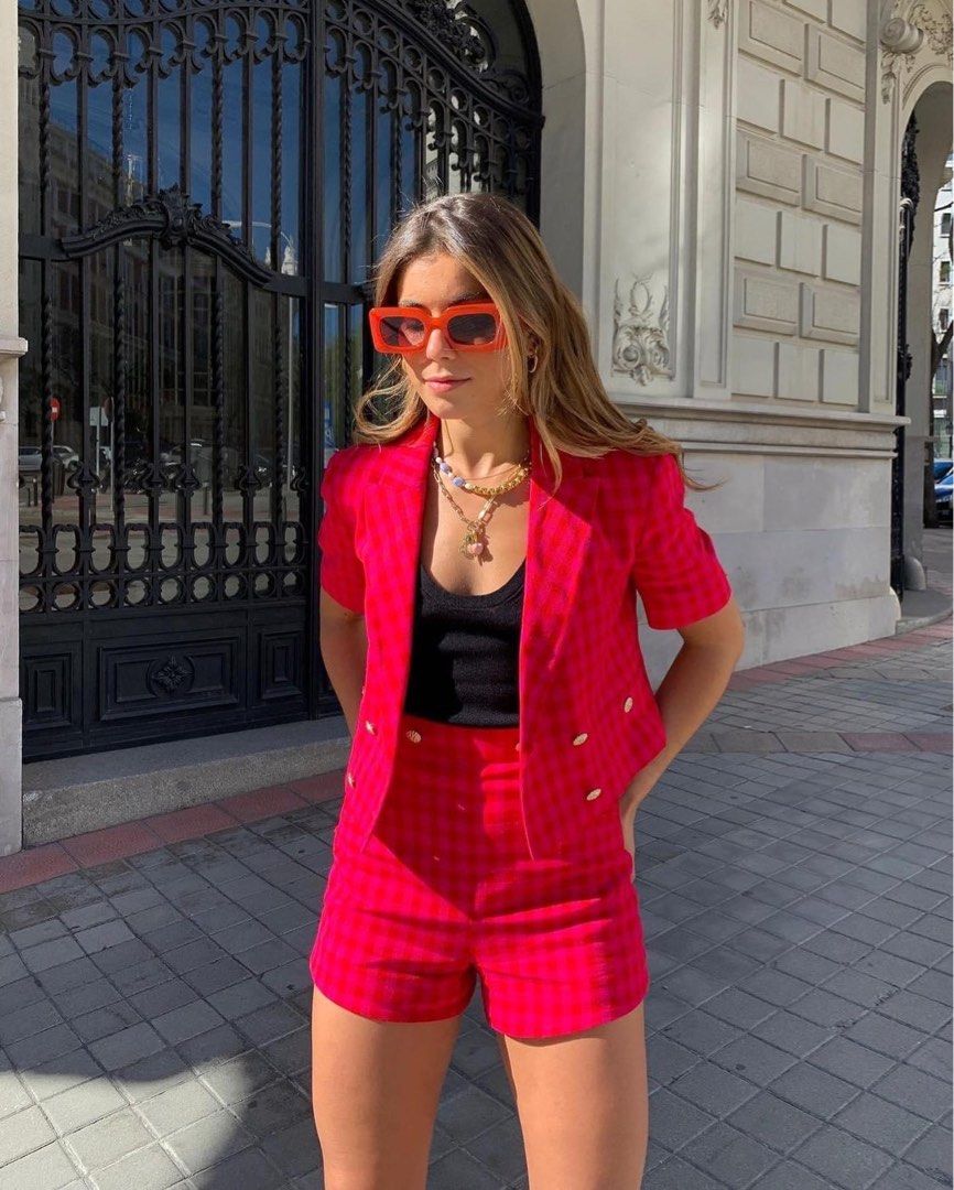 Zara Gingham Blazer in Fuchsia XS Women s Fashion Coats Jackets