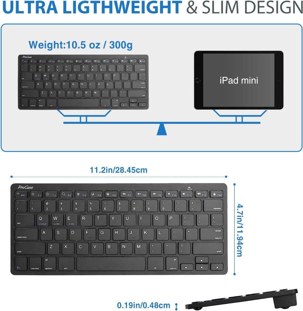 3020) PROCASE WIRELESS KEYBOARD FOR IOS ANDROID WINDOWS DEVICE, MINI