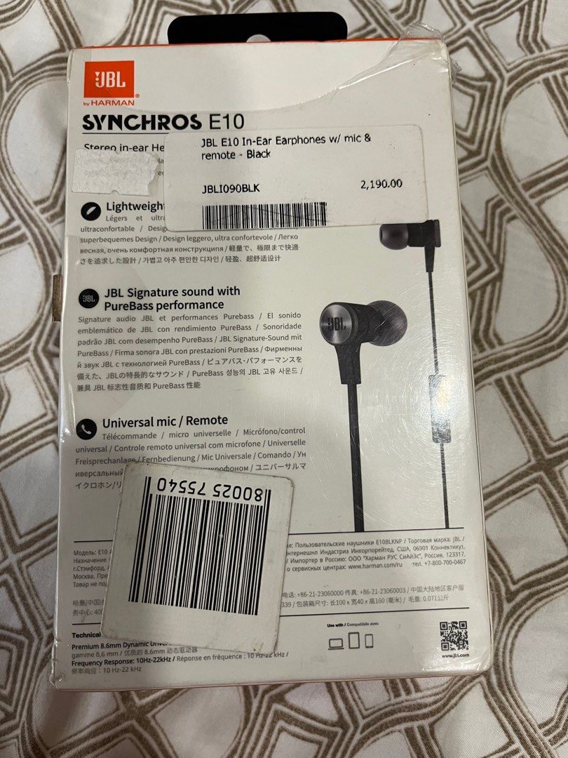💯 AUTHENTIC JBL by Harman original (Category: Headphones & Headsets) located in Manila. Submitted by tabsy (Listing ID 1250029603, Image 2). Description: Original price 2190 pls see tag Sterio In-ear headphones with MIC Synchros E10 model No to lawballers pla.