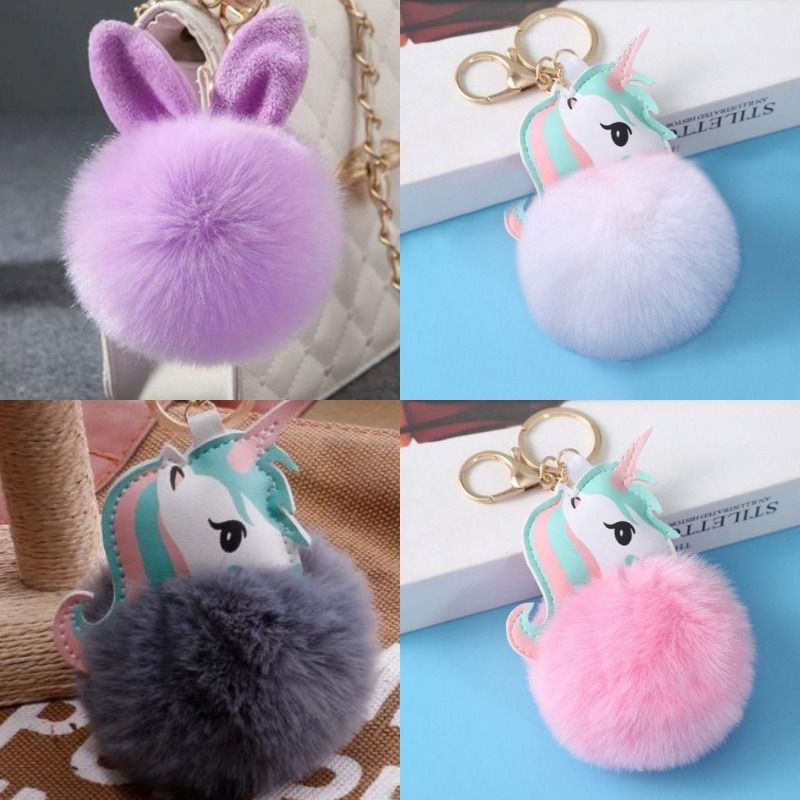 Cute Unicorn Pom Pom Fuzzy Keychains Wholesale
