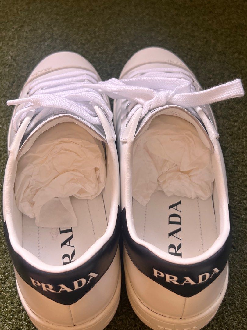 AUTH PRADA SNEAKERS SHOES SIZE 38.5 ladies WHITE BLACK LEATHER
