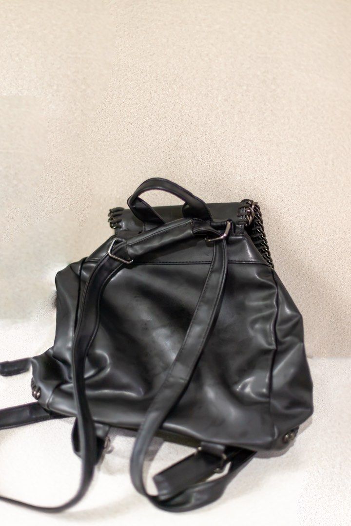 Black leather Backpack with silver hardware detailing on Carousell